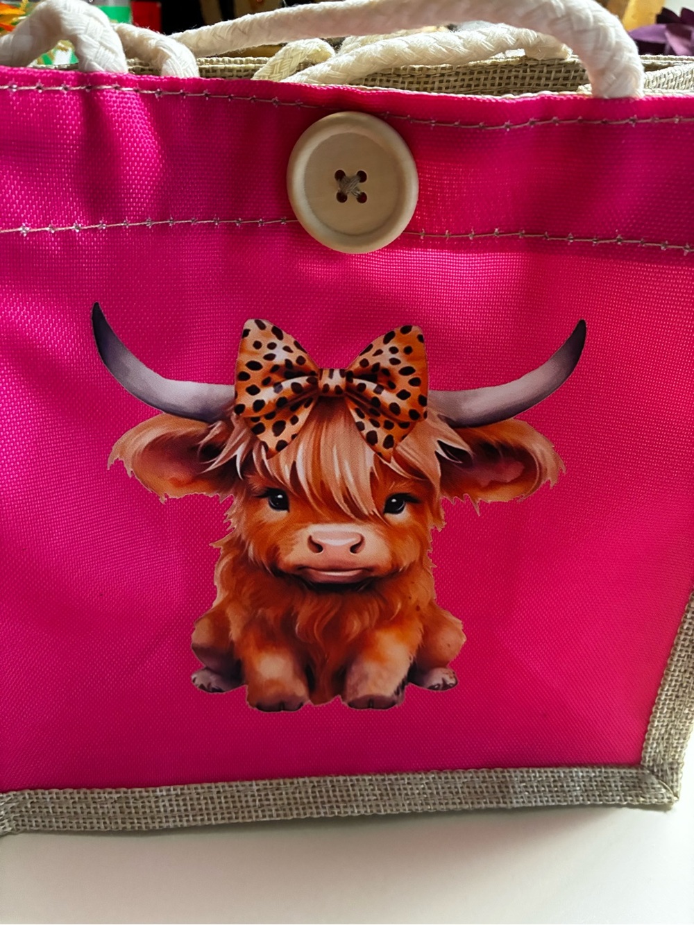 Hot pink Highland Cow mini Tote Bag with highland cow wristlet keychain - Picture 4 of 7